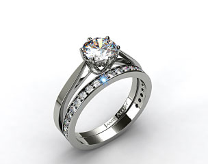 18k White Gold Tapered Six Prong Filigree Basket Solitaire Engagement Ring & 0.17ct Pave Set Wedding Ring